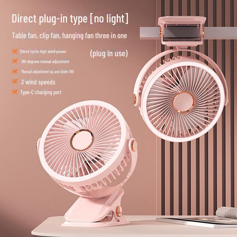 Rechargeable USB Clip Fan with Desk Lamp - Large Battery, Portable for Student Dormitories