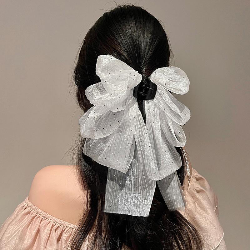 Korean Style Fashion Large Bow Ribbon Hair Claw Super Fairy Temperament Glitter Rhinestone Hair Clip Girl Sweet Hair Accessories