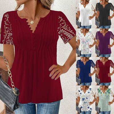 Summer T-shirt Fashion Women's Lace Lace Sleeves T-shirts Crimp Loose Solid Color Casual Printed Button Short Sleeve Tops