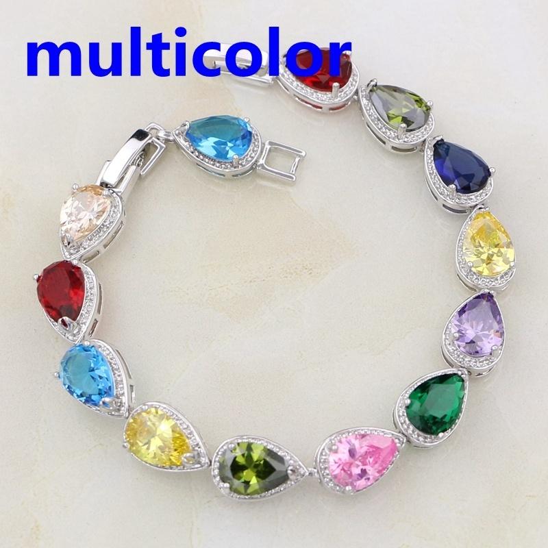 Water Drop Red Garnet CZ 925 Silver Jewelry Length 21cm Link Chain Bracelet for Women Free Gift Box