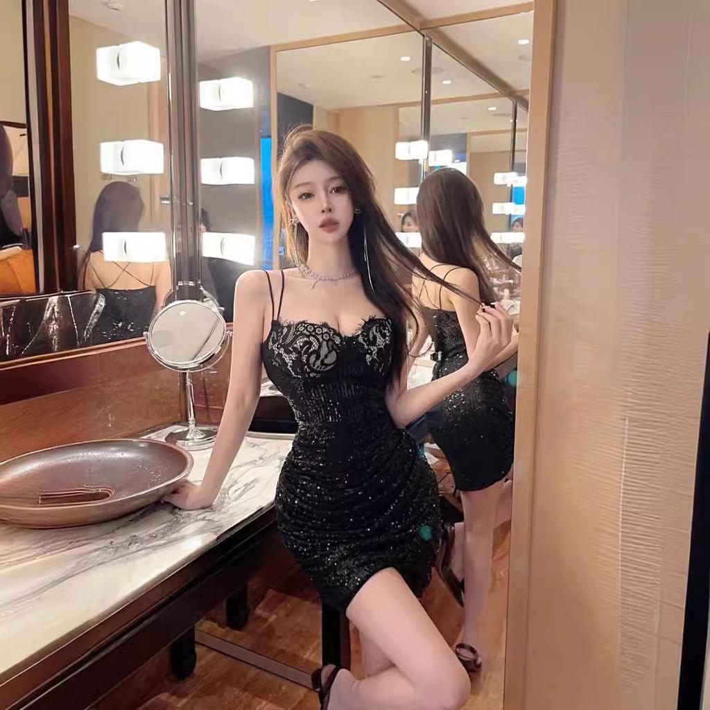 Pure Desire Sexy Lace Splicing Neck Dress Women's High-end Banquet Evening Dress Irregular Hip Skirt