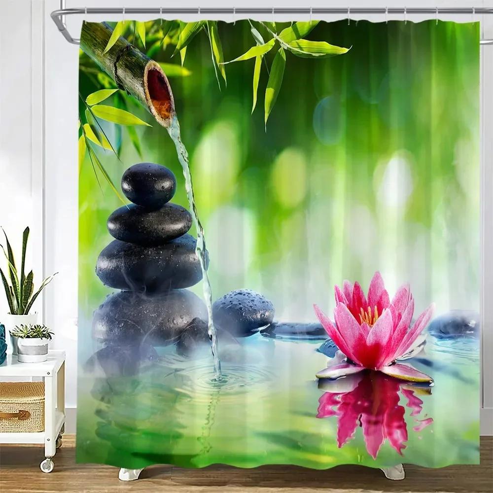 Zen Green Bamboo Shower Curtains Purple Orchid Butterfly Flowers Plants Black Stone Spa Nature Scenery Fabric Bathroom Decor Set