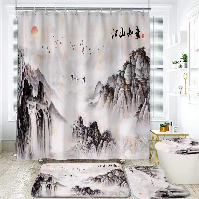 Landscape Ink Bamboo Painting Shower Curtains Chinese Style Bathroom Accessories Partition Waterproof Bath Curtains Rugs,Mat Set