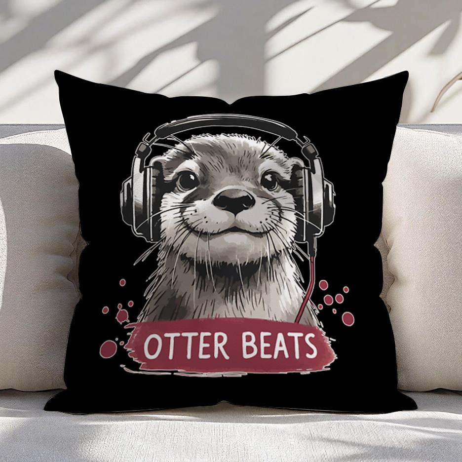 """Otter Beats"" Kissenbezug 2D-bedruckter Polyester-Sofakissenbezug – Süßer Otter mit Kopfhörern Musildekor 40x40cm"""