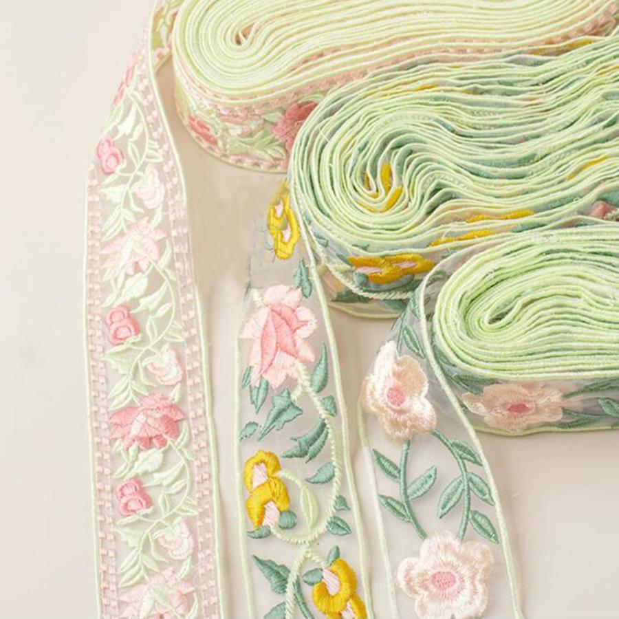 1Yard Pink Green Leaves Flower Lace Fabric DIY Clothes Embroidered Lace Trim Accessories
