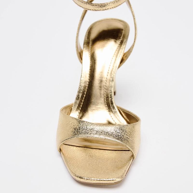 Fashion Gold Patent Leather Ankle Buckle High Heeled Sandals Women Sexy Square Toe Open Toe High Heels Summer Fashion Party Office Shoes