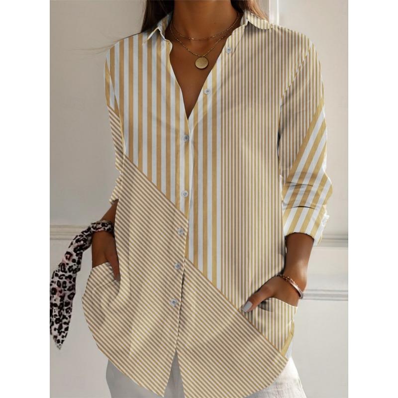 Women's Shirts Striped Graphics Blouse Lapel Neck Blouse Women's Long Sleeve Shirts Womens Clothes Female Clothing