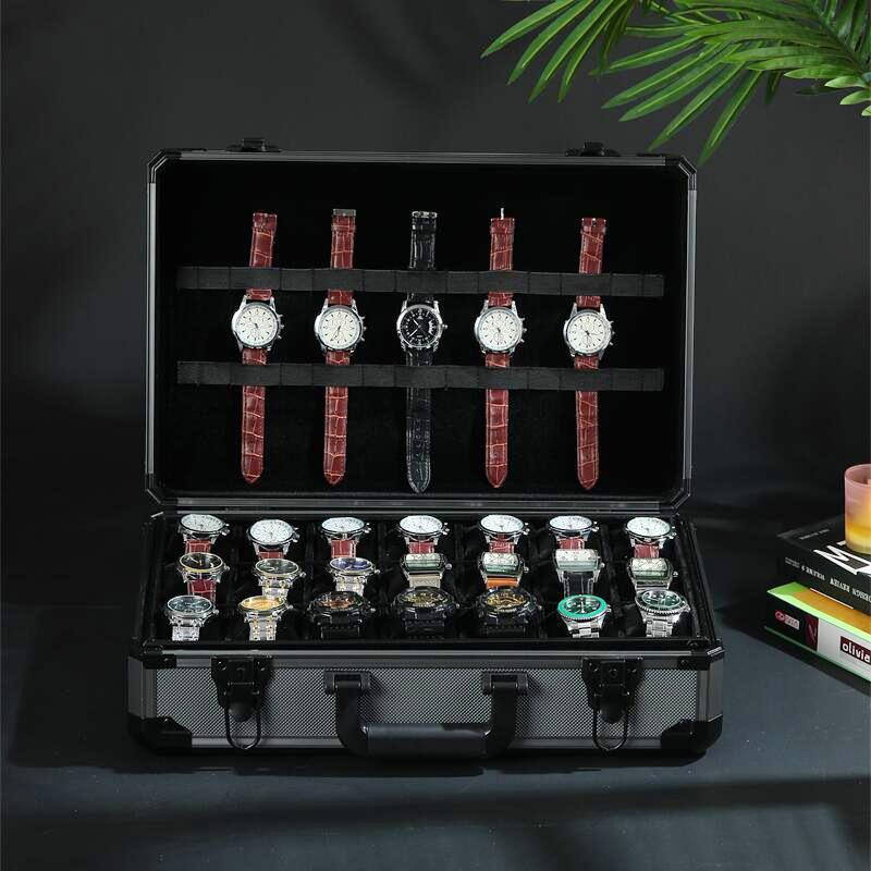 Aufbewahrungsbox für Uhren aus Aluminiumlegierung mit beweglichen Trennwänden - Schwarze Vitrine