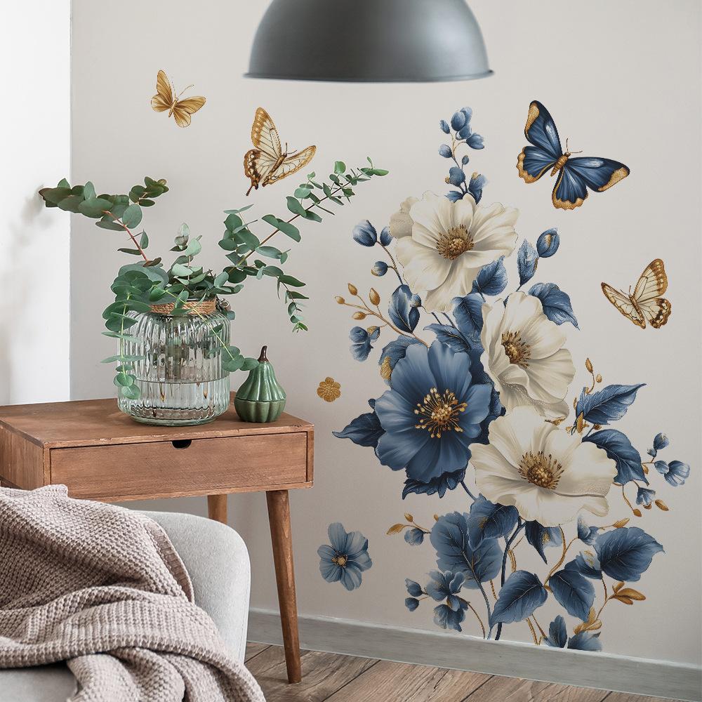 1 Stück Kreative Blaue Blume Schmetterling Wandaufkleber Zimmer Schlafzimmer Wohnzimmer Zuhause Hintergrund Verschönerung Dekoration Aufkleber