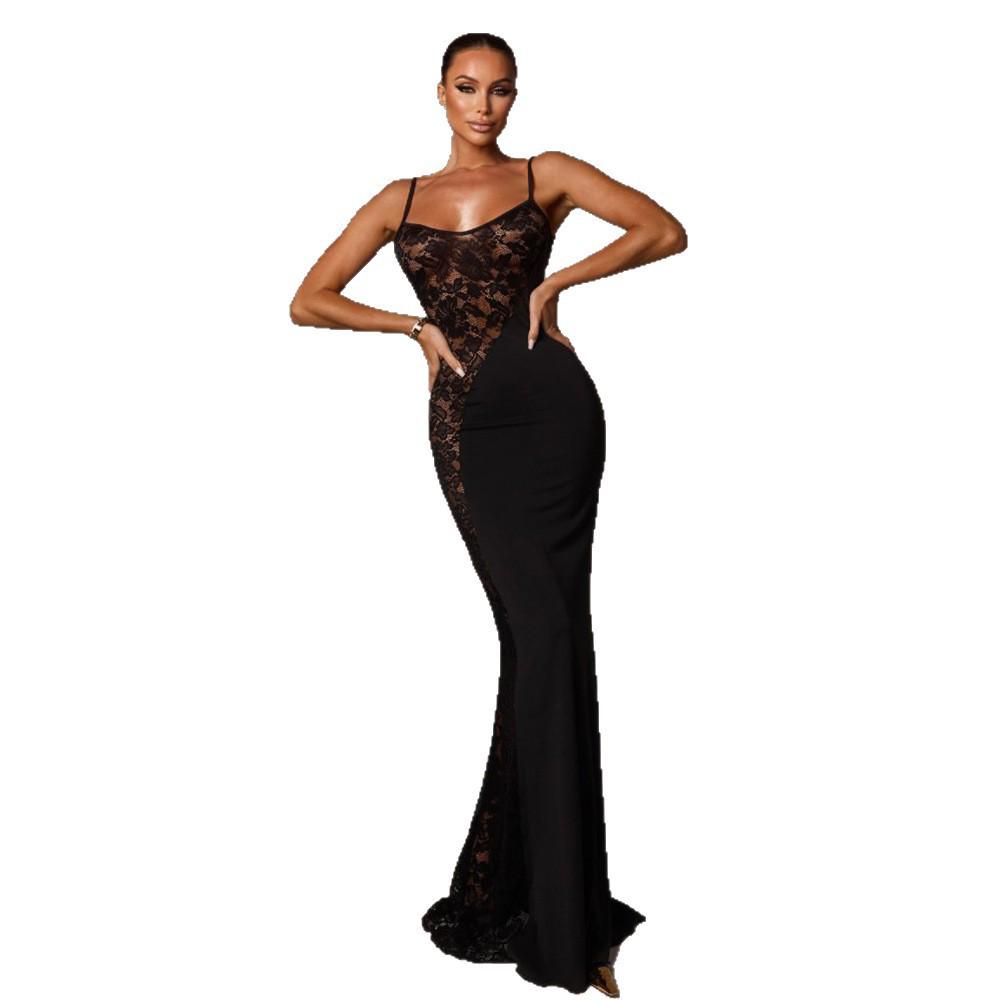 2026 Spring Elegant Lace Low-cut Sexy See-through Spaghetti Strap Dress for Women