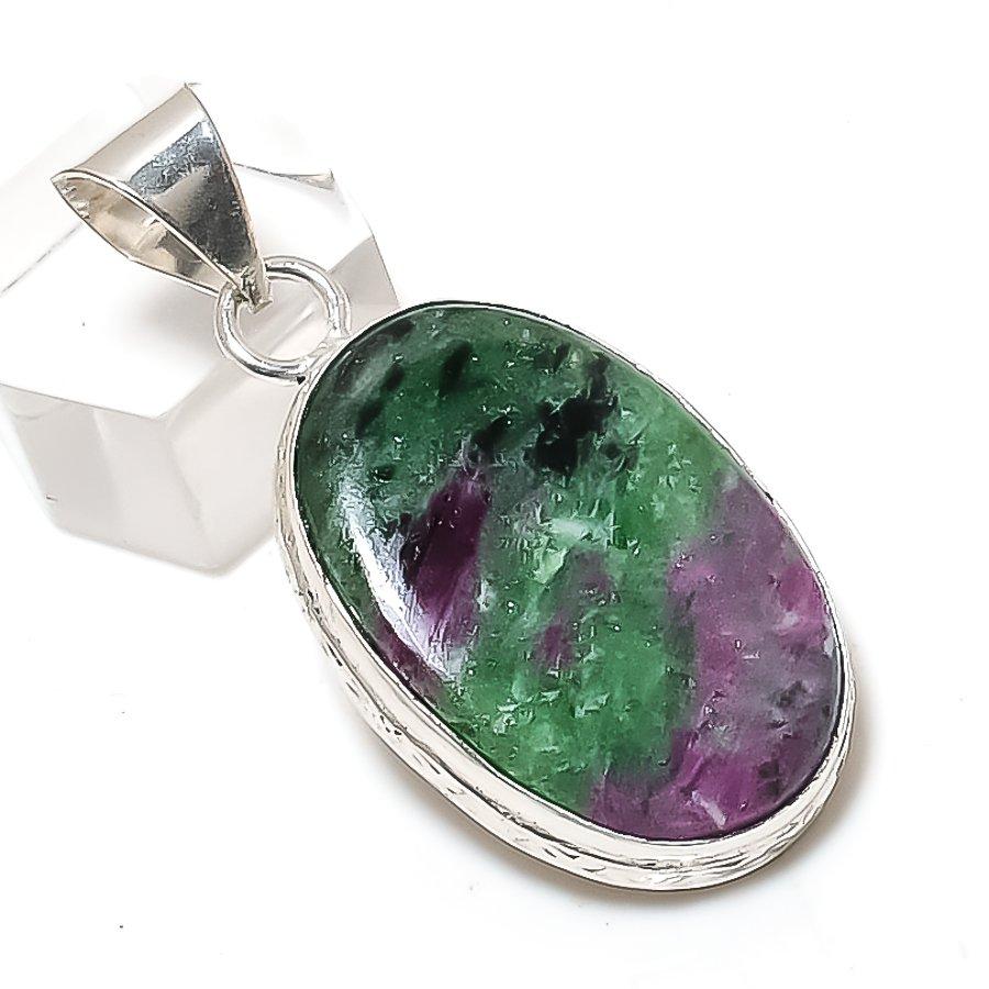 Natural Ruby Zosite Gemstone 925 Sterling Silver Jewelry Pendant 1.85" A0D86