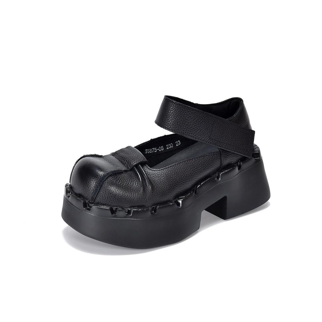 Johnature Thick Soled High Heels Pumps Genuine Leather Retro Round Toe Thick Heeled Women's Shoes