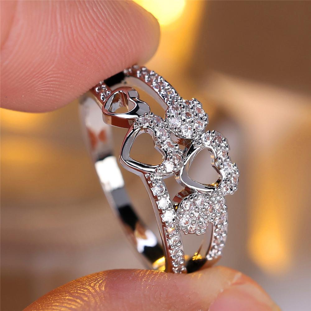 Boho Female White Crystal Zircon Stone Cute Gold Silver Color Love Heart Ring Vintage Wedding  For Women