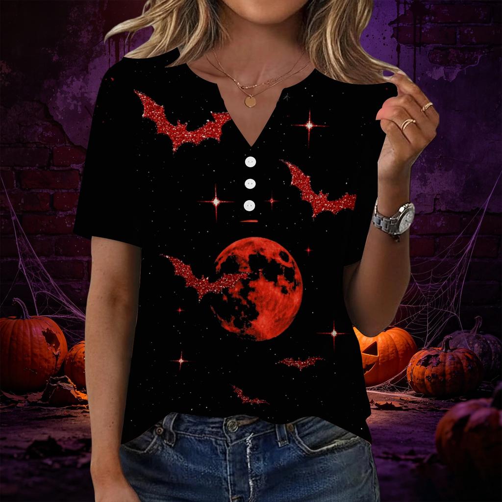 Women V Neck Short Sleeve T Shirt with Decorative Buttons Halloween Pumpkin Printed Casual Loose Fit Top for Daily Wear