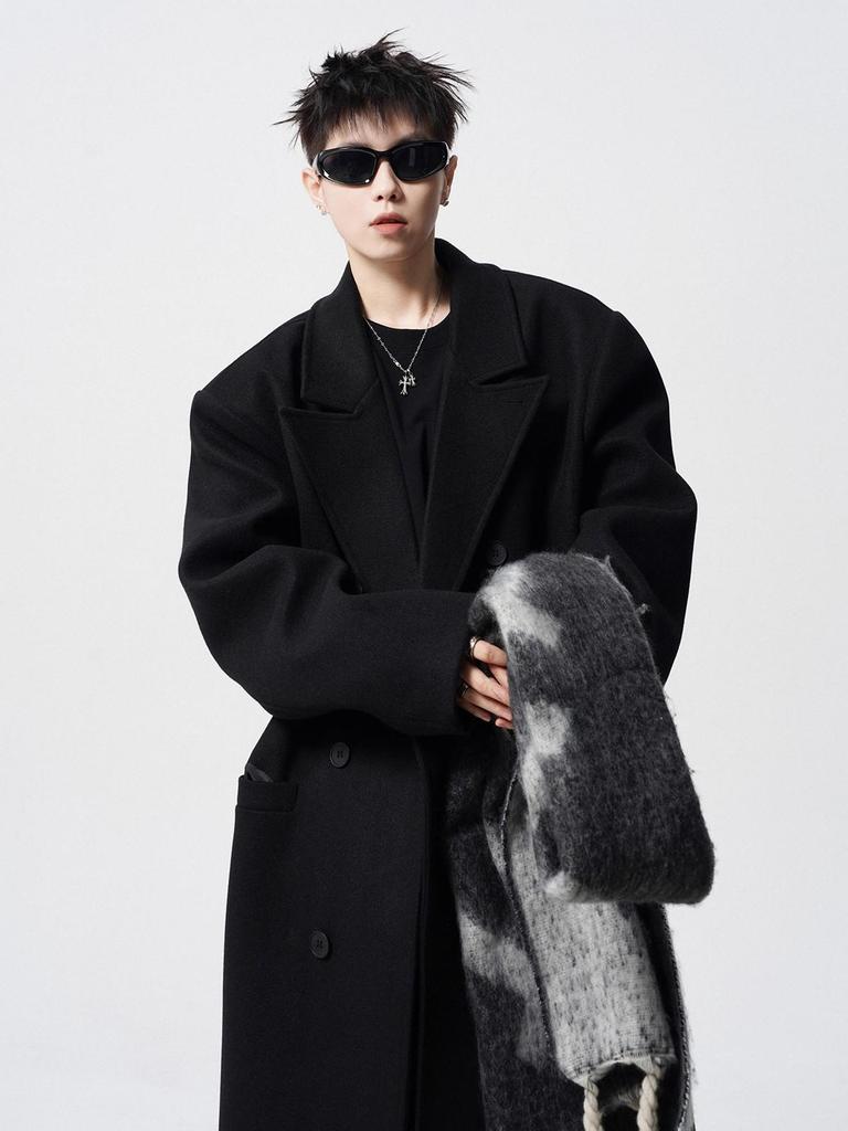 Men's Black Wool Trench Coat - Korean Style, Mid-Length, Over-the-Knee for 2025 Spring/Autumn