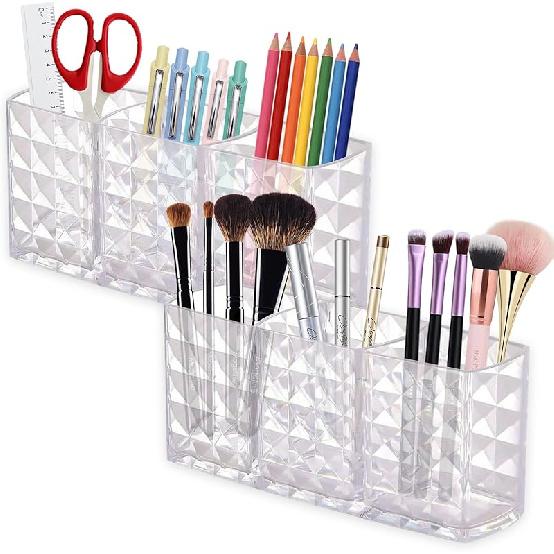 2 Pcs Acrylic Makeup Brush Holder,3 Compartment Cosmetic Organizer,Bathroom Vanity Countertop Storage for Brushes Beauty Tools Pencils Pens Bathroom