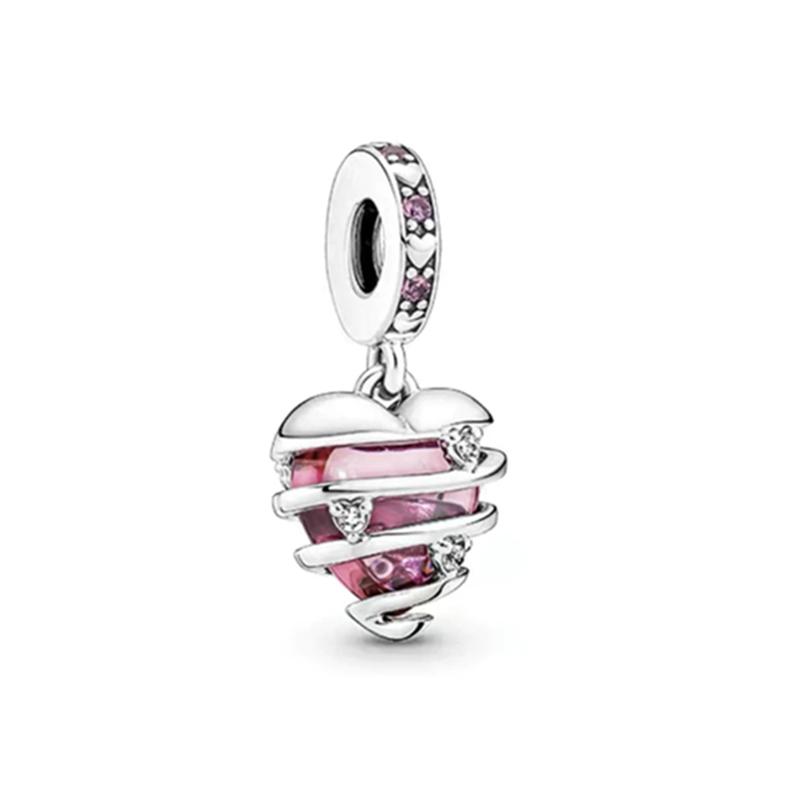 925 Silver-Plated Charms Jewelry Gift Sparkling Pink Air Balloon&Cherry Blossom Dangle Bead Fit Original Silver Bracelet