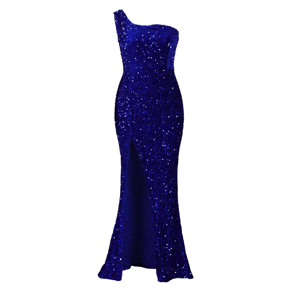 Damen Mode Ein Schulter Pailletten Schlitz Lang Sexy Formelles Partykleid