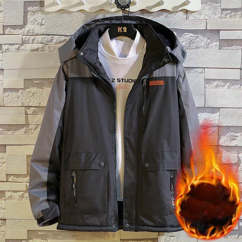 Winter Warme Werkzeugbekleidung für Herren mit Kapuze, Baumwollkleidung, winddichte, wasserdichte und verschleißfeste Jacke, plus Samt gefütterte warme Oberbekleidung