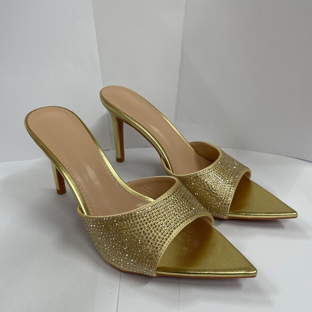 Summer women's stunning fine-heeled rhinestone high-heeled slippers with skirt pointed one-word high heels, sexy and not tired