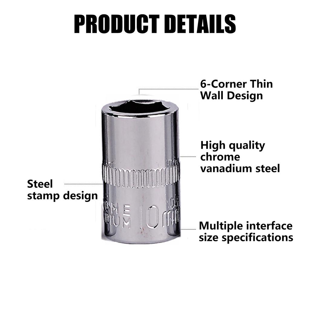 Essential Short Socket Spanner 1/4Inch Drive 6 Point Metric 4mm-14mm Selection for Profession Use Mechanical Repair Tool