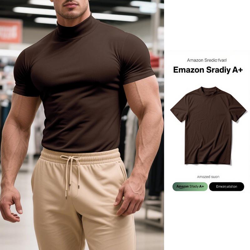 Summer New Men's Casual Semi-High Neck Slim Solid Color T-shirt - European & American Fashion.