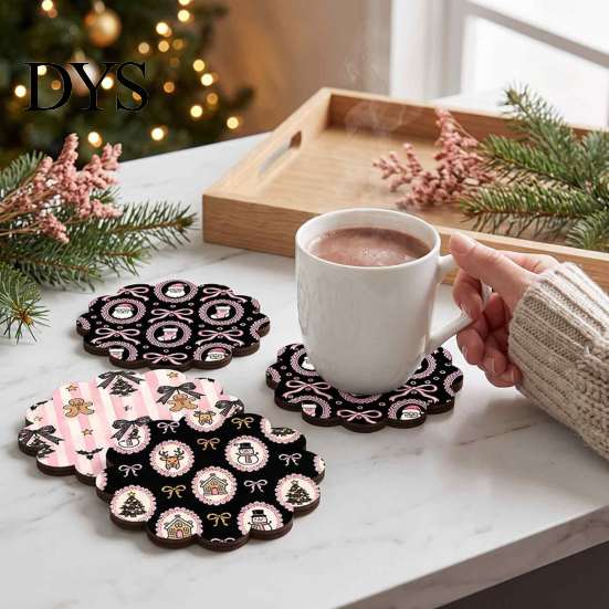 Stackable Coaster Set 4PCS Black Cat Acrylic Coasters, Christmas Festive Tabletop Coffee Table Protection Pads Mats, Non-Slip Rounded Coasters
