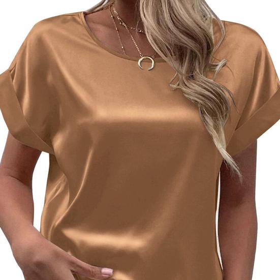 Women Satin Tops Casual Loose Short Sleeve Crew Neck Blouse Summer Silky Shirts Work Business Outfits