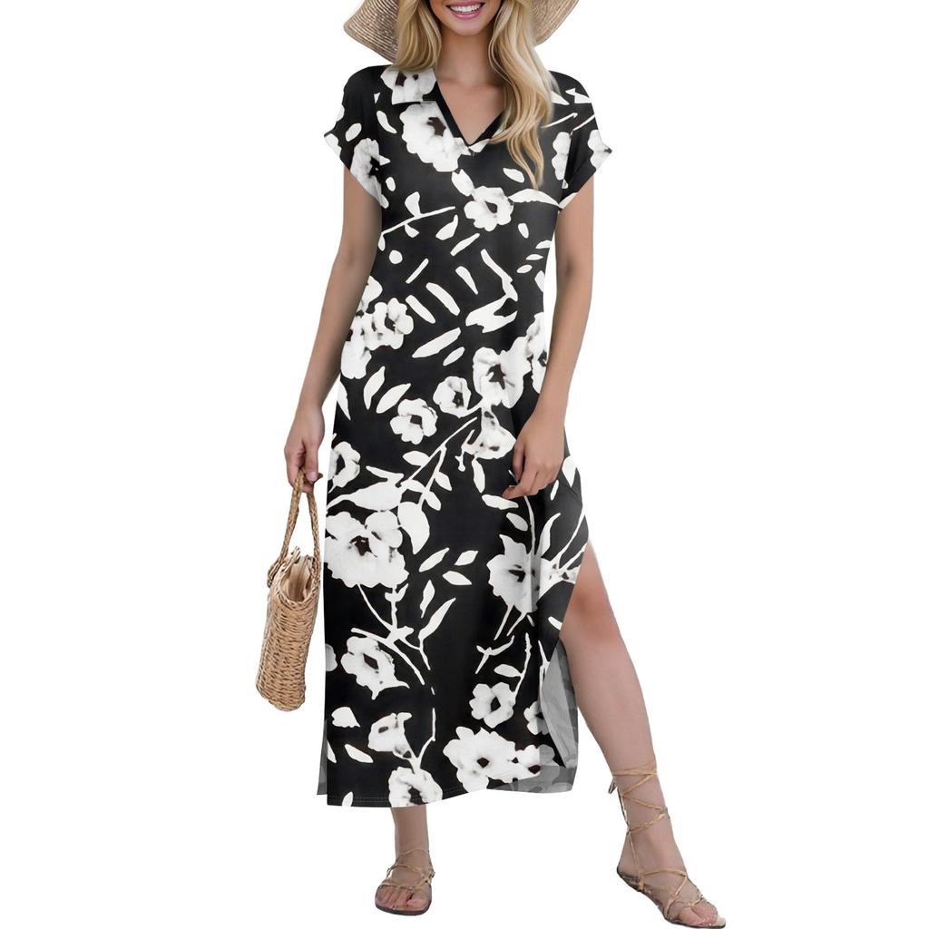 Women's Casual Comfortable V Neck Loose Hem Split Vacation Short Sleeve Floral Long Dresses