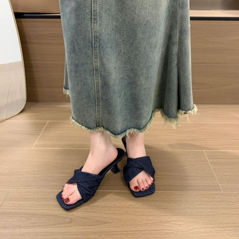 Fashion Slippers for Women's 2025 Summer New Denim Cross Strap Square Toe Slim Heel Womens Shoes Straight Strap High-heeled Sandals