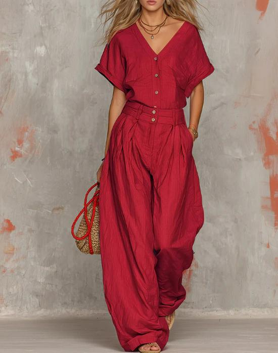 2026 Retro Solid V-neck Short-sleeve Top & Wide-leg Pants Set for Spring/Autumn