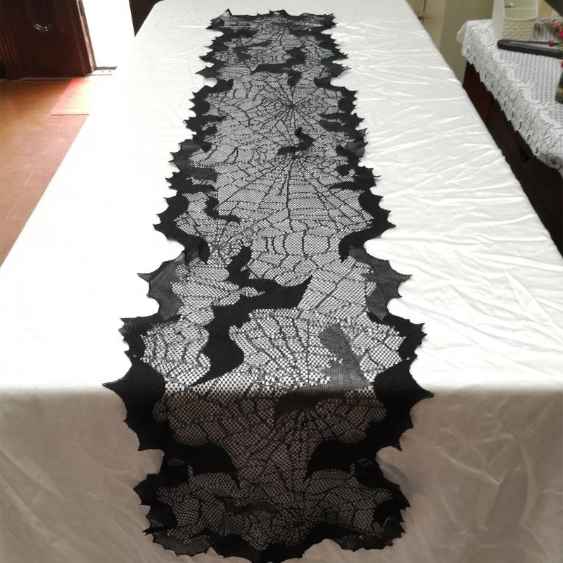 Gruselige Halloween-Dekoration 13x68 Zoll Schwarzer Tischläufer, Wasserabweisend mit Spinnennetz- und Fledermausmotiven für festliches Speisen
