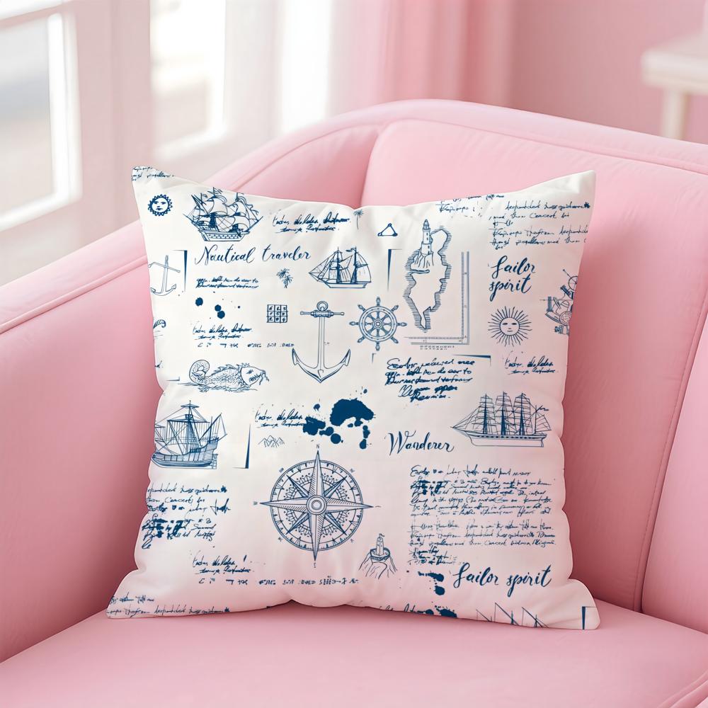 Ocean Blue Compass with Anchor Cushion Cover Pillow Case Soft Skin Friendly Fabric  Concealed Zipper