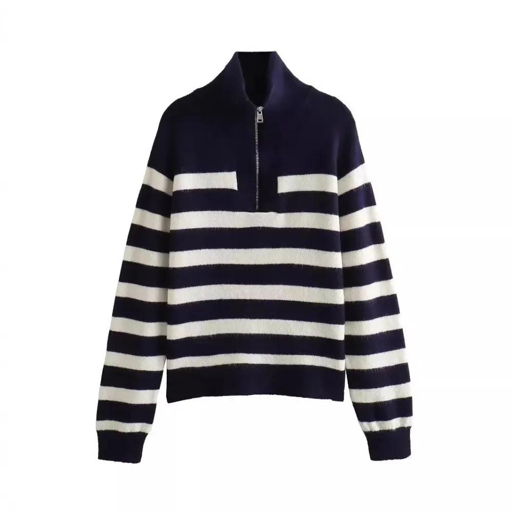 Autumn Winter Fashion Striped Zippered Lapel Long Sleeve Loose Casual Knitted Sweater for Women