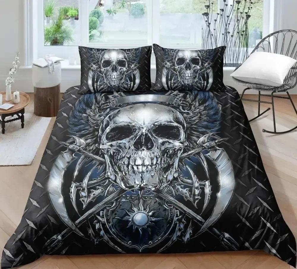Skull Chevalier Duvet Cover Set King Size Horror Skeleton Bedding Set Day Of The Death Comforter Cover For Boys Men Gifts
