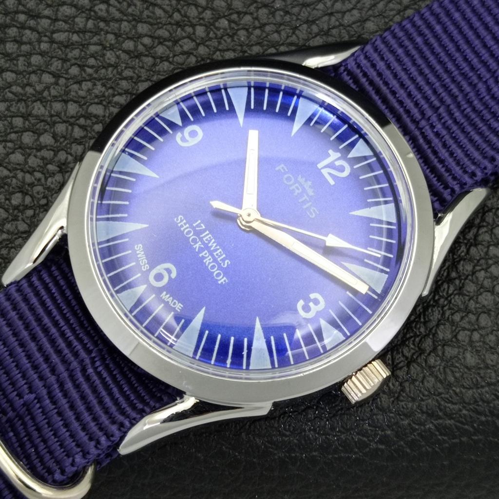 HAND-WINDING SWISS MENS VINTAGE REFURBISHED BLUE COLOR DIAL WATCH a700967-5 R205a-a700967