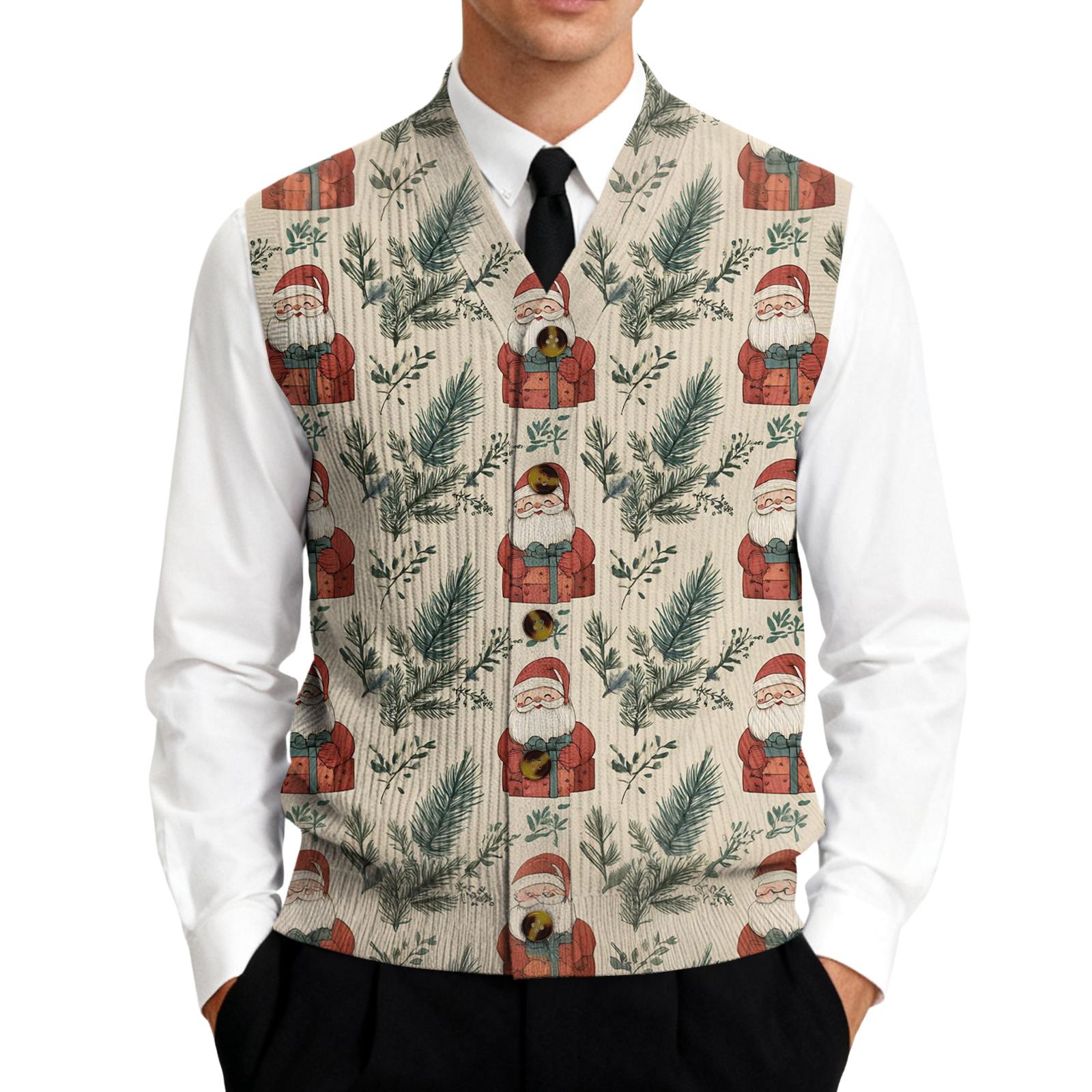 

Men s Christmas Print V Neck Vest Sleeveless Knit Button Down Shirt Suitable for Seasonal Casual Wear and Layering XXXXL хаки