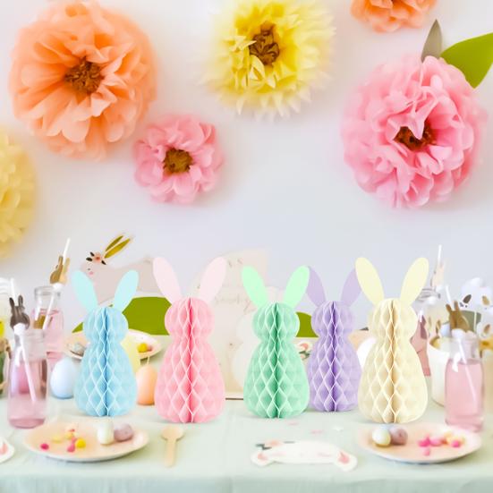 5 Pcs Easter Bunny Honeycomb Centerpiece 3D Paper Rabbit Ornament Spring Easter Party Table Decoration for Home Office Kitchen Decor