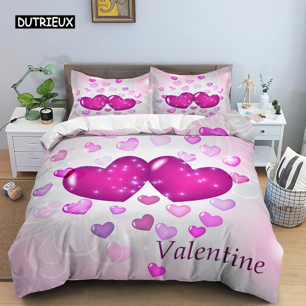 Love Heart Duvet Cover Set Pillowcase Couples Quilt Cover King Size Valentine Gifts Happy Valentines Day Polyester Bedding Set