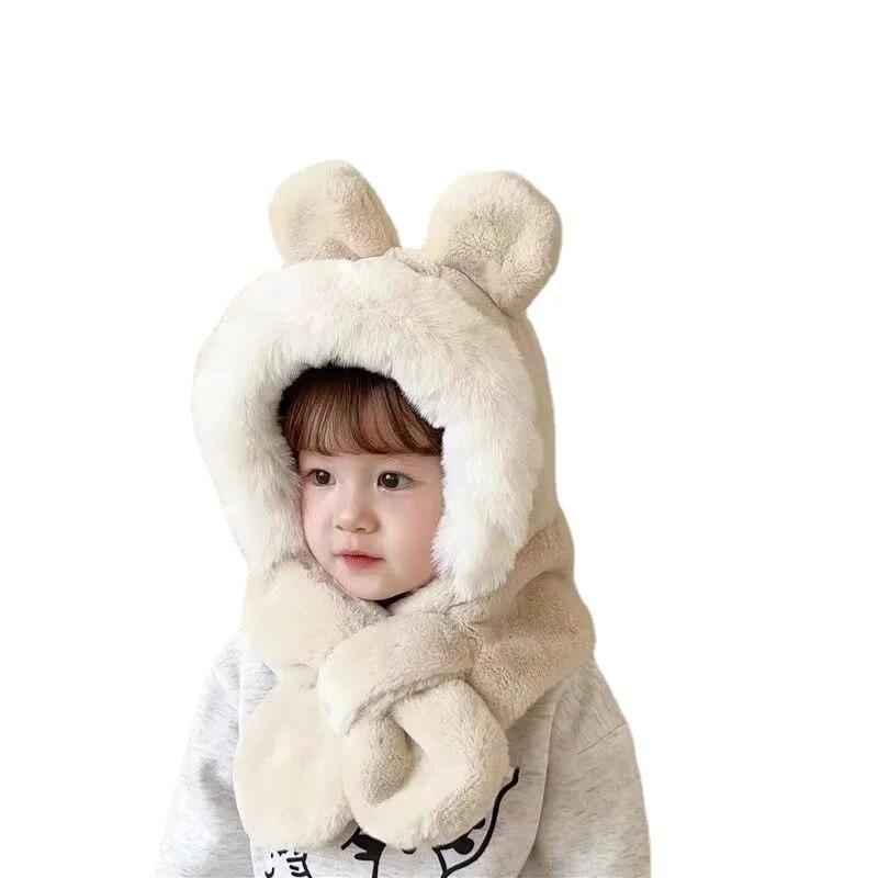 

Плюшевая зимняя детская шапка, шарф, цельная детская шапка из искусственного кроличьего меха, теплая шапка с милыми медвежьими ушками для девочек и мальчиков, ветрозащитные шапочки