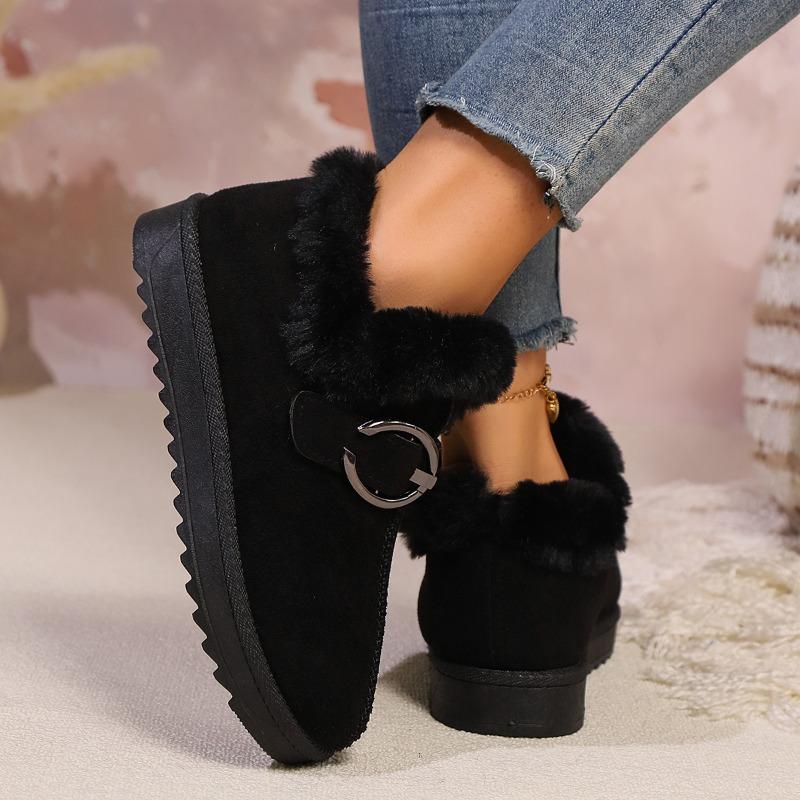 Módní dámské kotníkové boty s kulatou špičkou, neformální, nové 2025, huňaté teplé sněhule pro ženy, s přezkou, plyšové, zimní, pohodlné, venkovní, ploché boty pro ženy