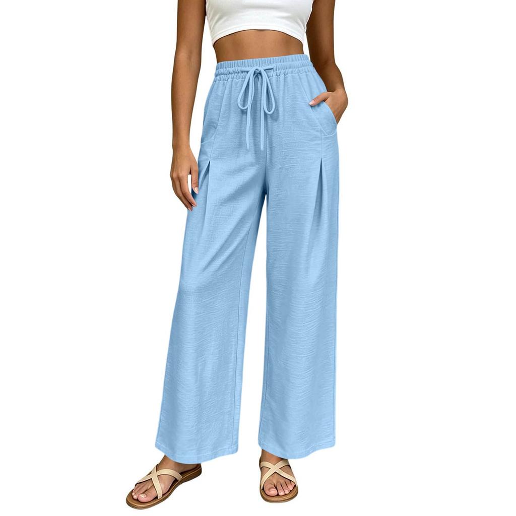 Women High Waist Wide Leg Pants Summer Casual Loose Fit Trousers with Pockets Elastic Waist Drawstring Outdoor Lightweight