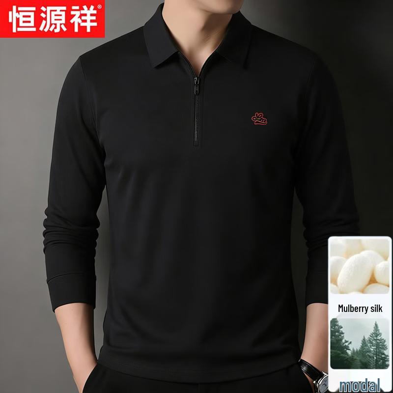 Hengyuanxiang Men's Wool-Silk Blend Half-Zip Polo Shirt