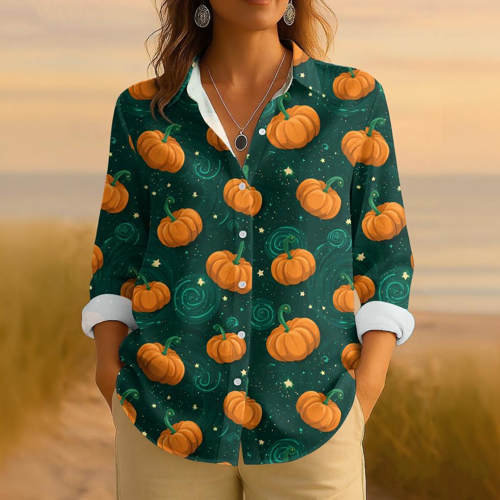 Dame Retro Halloween Trykket Knappelukking Langermet Casual Vanlig Skjortekrage Topp