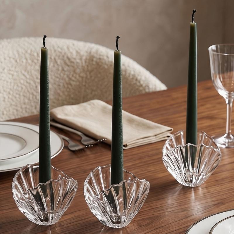 Shell Shape Glass Candle Holders with Clear Fluted Texture, Decorative Table Decors Candlestick Display for Desk, Side Table, Shelf, Bedroom, and