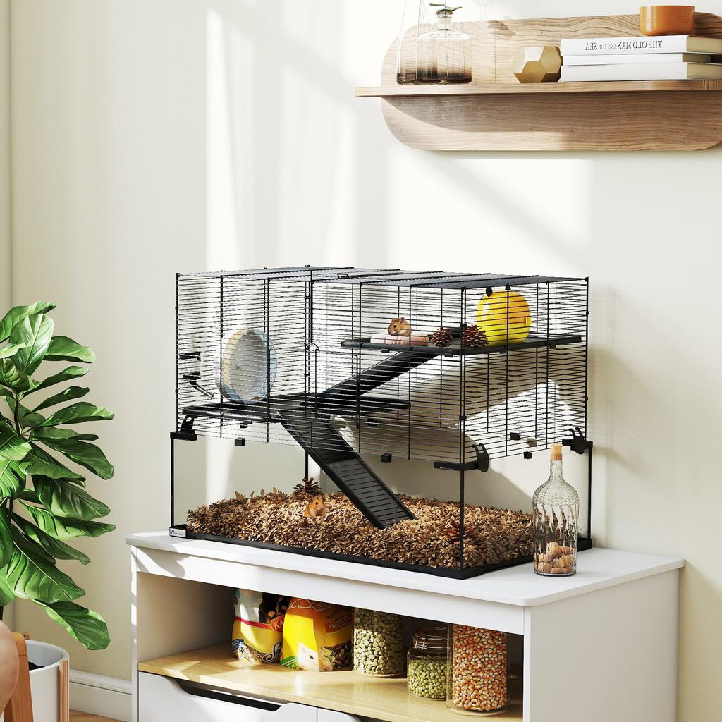 3-Tier Hamster Cage with Tempered Glass Base, Wheel and Accessories, 76.5x48.5x54.5 cm, Black