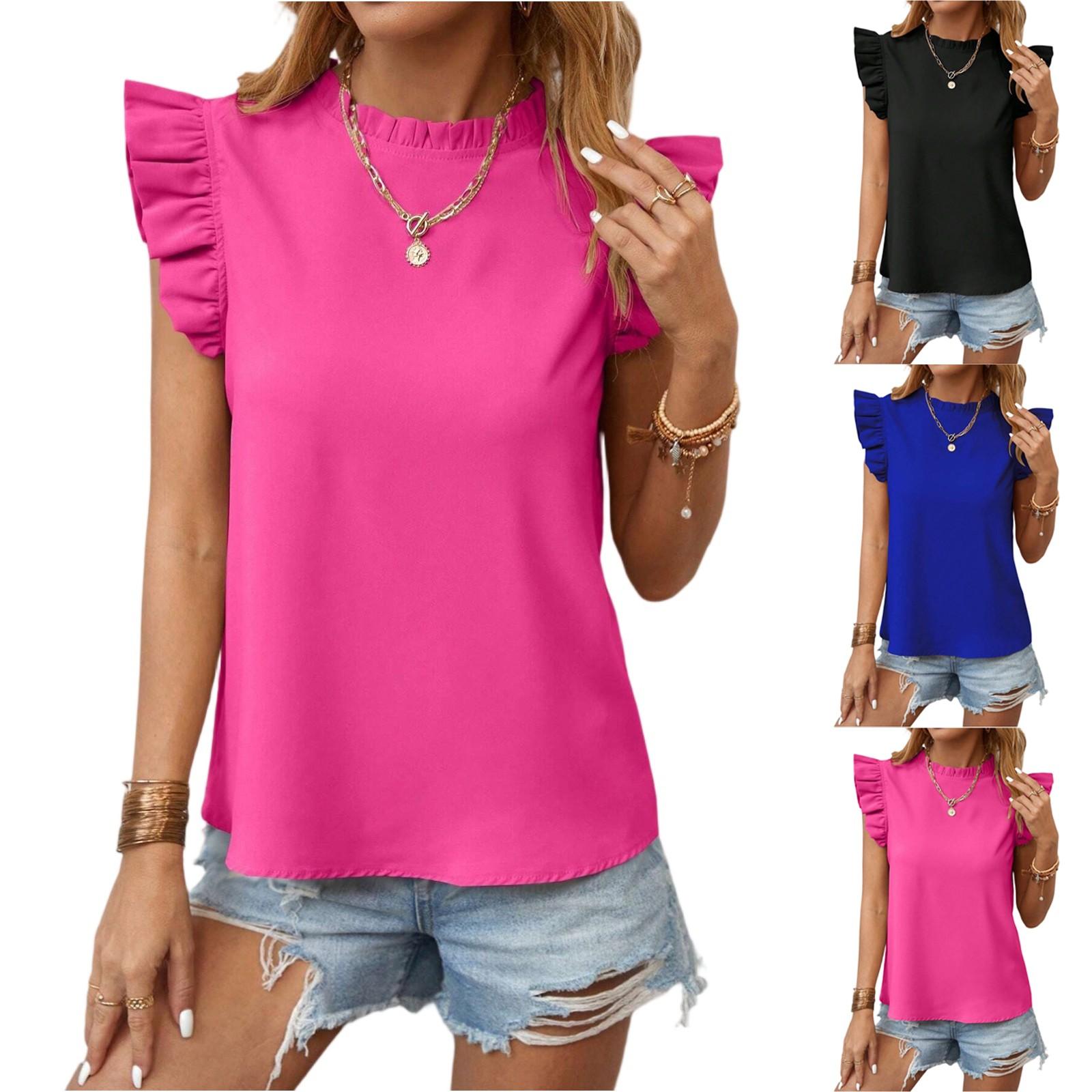 

Women s Fashion Solid Color Round Neck Ruffle Sleeve Sweet Vest Top L