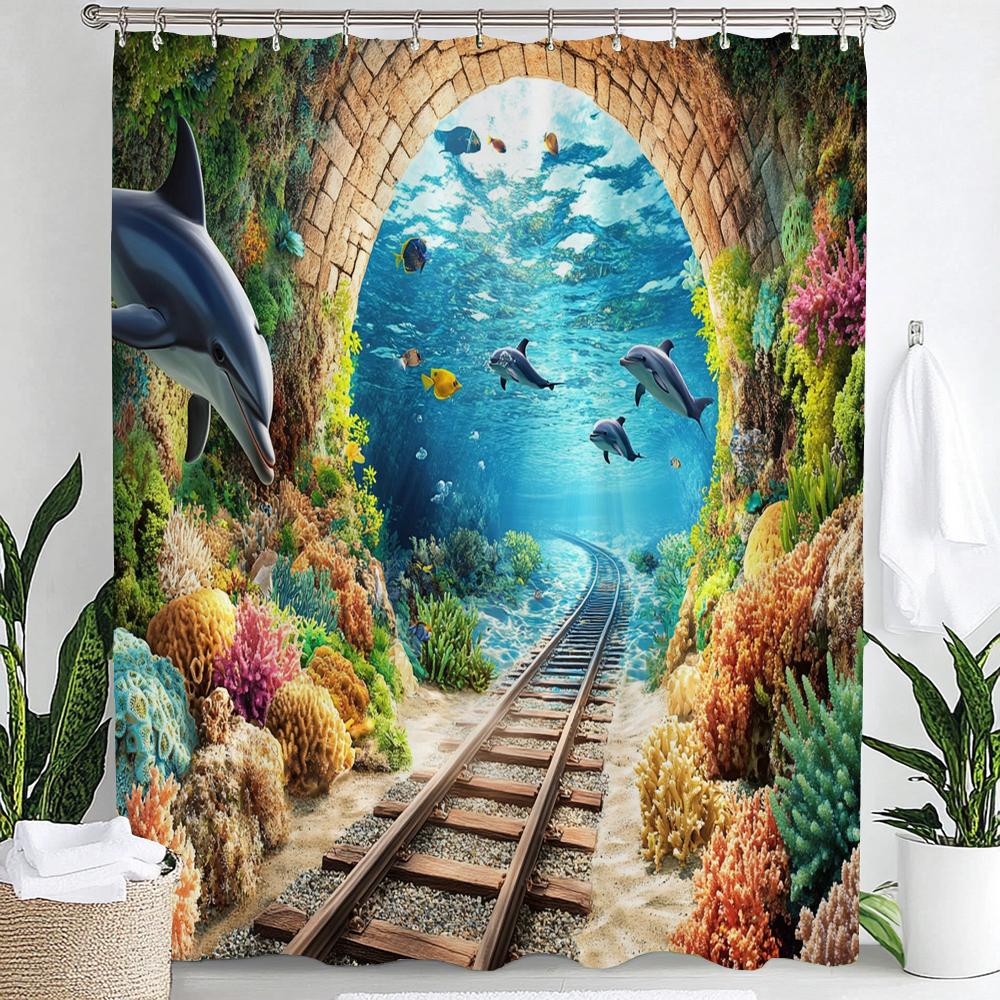 Underwater World Printed Shower Curtain With Hooks, Dolphin Sea Turtle Fish Coral Underwater Cave Ocean Bathroom Decor Curtain