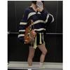 Vintage Stripe Casual Sports Suit for Women Spring Autumn Fashionable Relaxed Knit Long Sleeve Top + Shorts Two-piece Set Female