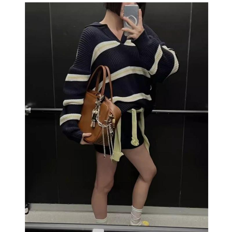 Vintage Stripe Casual Sports Suit for Women Spring Autumn Fashionable Relaxed Knit Long Sleeve Top + Shorts Two-piece Set Female